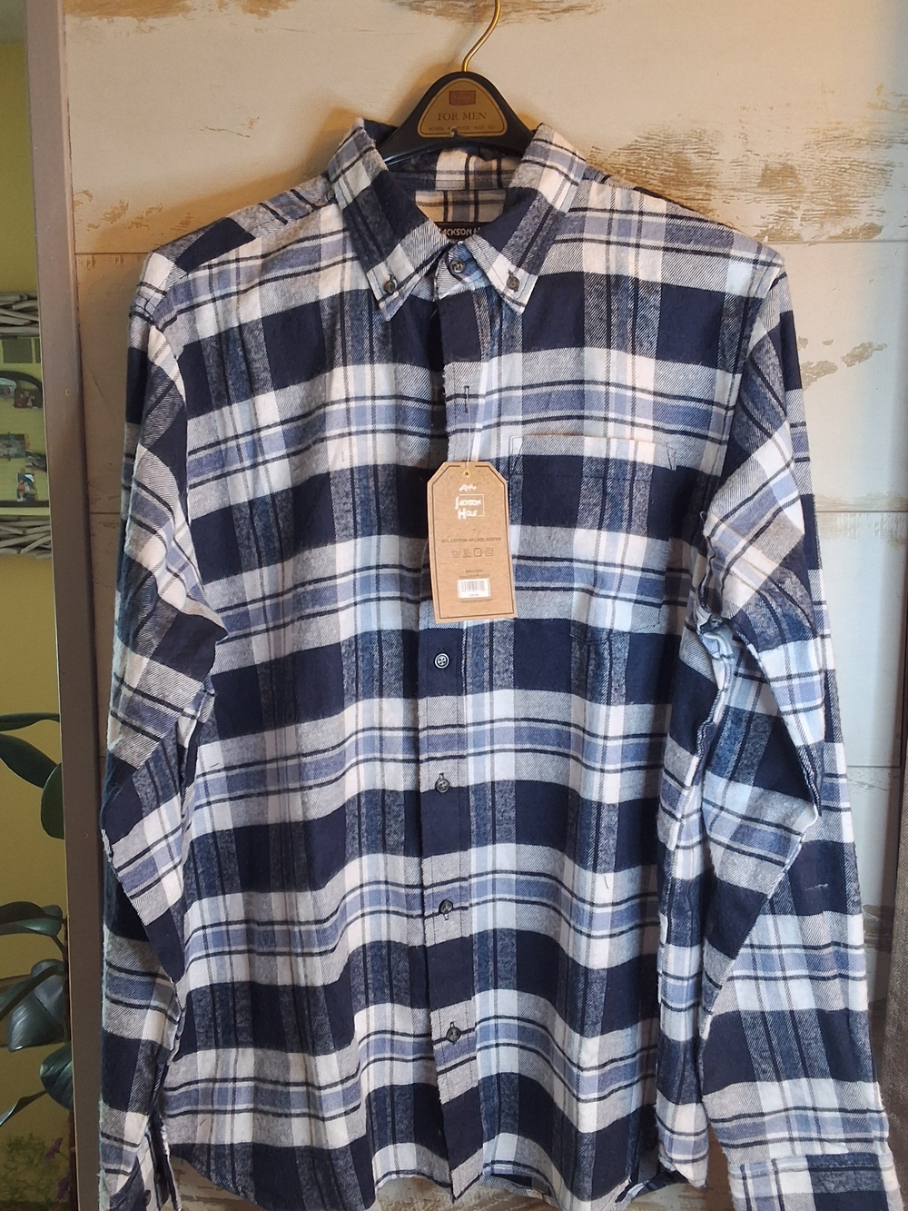 NWT Men's Navy and White Plaid Button-Down Flannel Shirt Sz Large